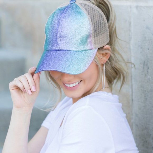 Purple Blue Ombre Criss Cross Ponytail Ball Hat - Picture 2 of 4